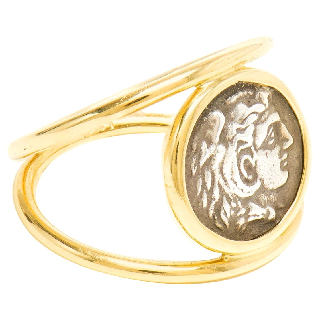 Dubini Alexander the Great Silver Coin 18K Yellow Gold Signet Ring For Sale