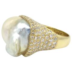 Jose Hess Baroque Pearl Diamond Gold Ring