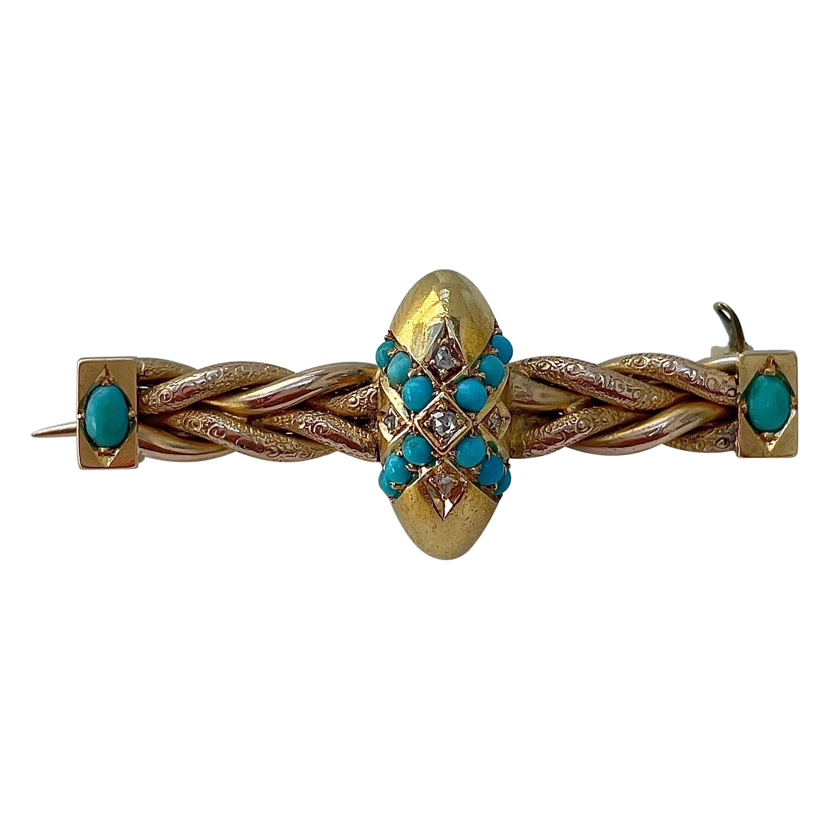 Antique 15ct Yellow Gold Turquoise and Rose Cut Diamond Bar Brooch For Sale