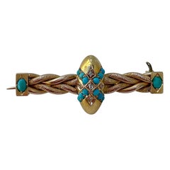 Antique 15ct Yellow Gold Turquoise and Rose Cut Diamond Bar Brooch