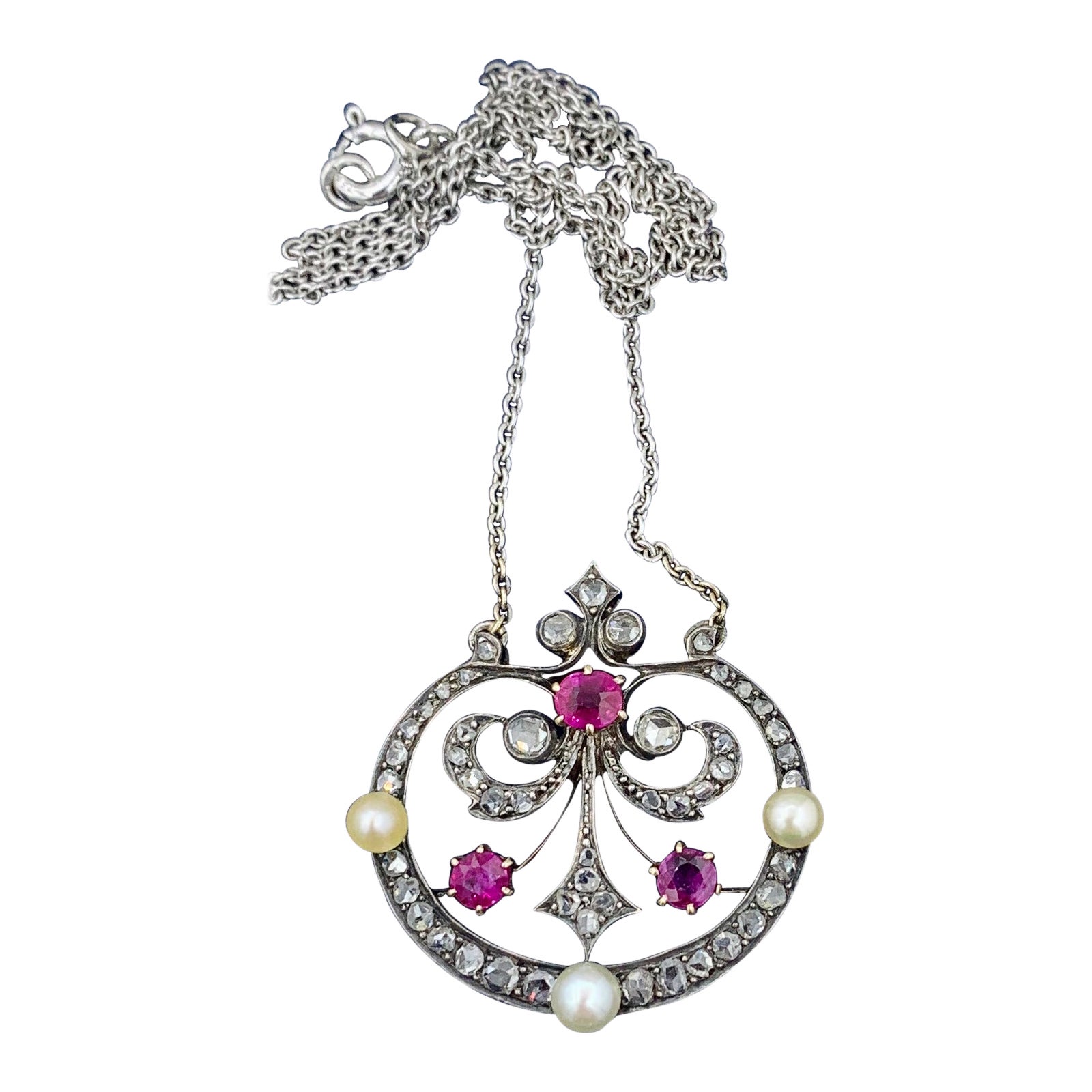 Collier français ancien en rubis de Birmanie de couleur sang de pigeon et diamants taille rose, certifié GIA