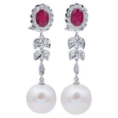 Antique White Pearls, Rubies, Diamonds, Platinum Dangle Earrings