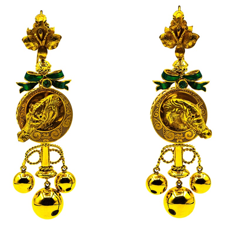 Art Nouveau Style 0.20 Carat Emerald Enamel Yellow Gold Drop "Horses" Earrings For Sale