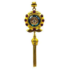 Collar Colgante Oro Amarillo Estilo Art Decó Diamante Blanco Rubí Topacio Azul