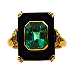 Art Deco Style 2.22 Carat White Diamond Emerald Onyx Yellow Gold Cocktail Ring