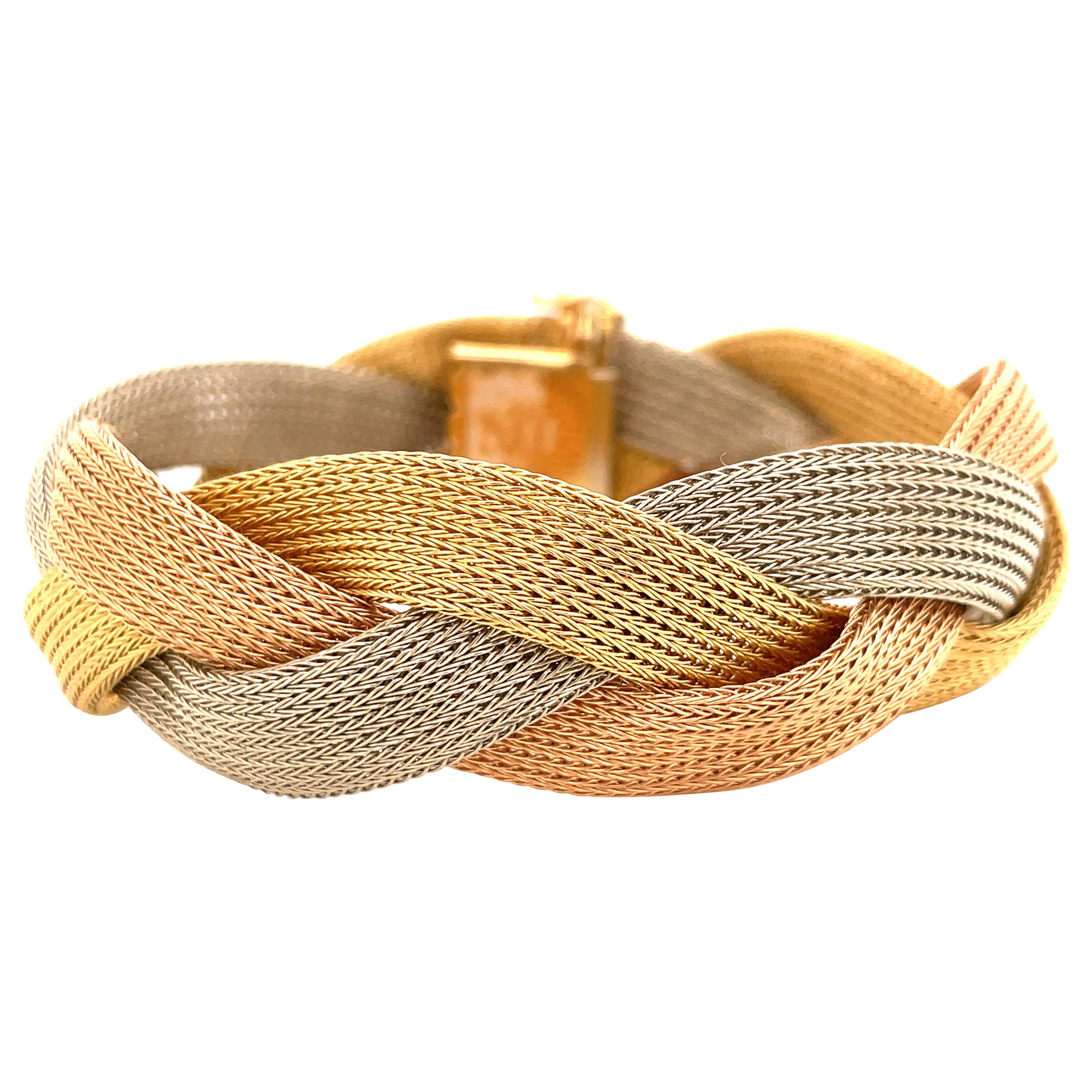 Wide Woven Braided Bracelet 18 Karat Yellow White & Rose Gold 45.5 Grams For Sale