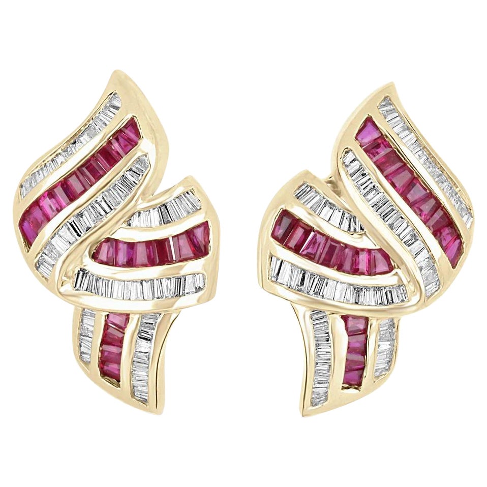 4.20tcw 14K Natural Ruby & Diamond Tapered Baguette Gold Statement Earrings For Sale