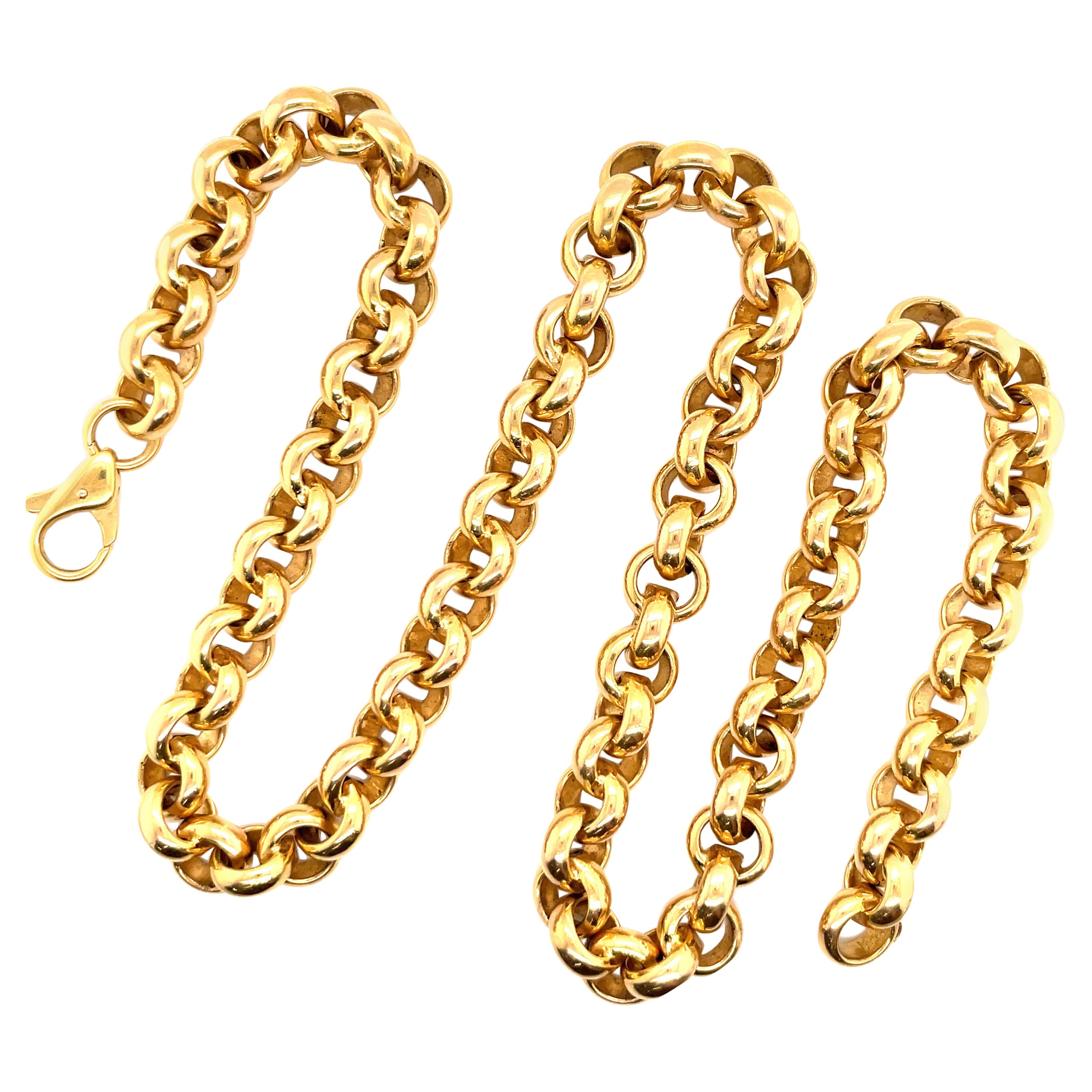 UnoAErre 14 Karat Yellow Gold Rolo Link Necklace Bracelet 68.9 Grams Italy For Sale