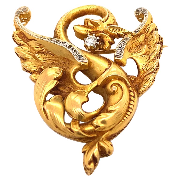 Antique Art Nouveau Griffin Pendant Brooch French 18K Gold Diamonds For ...
