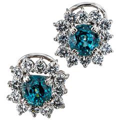 1950s Natural Blue Zircon and Diamond Cluster Earrings 