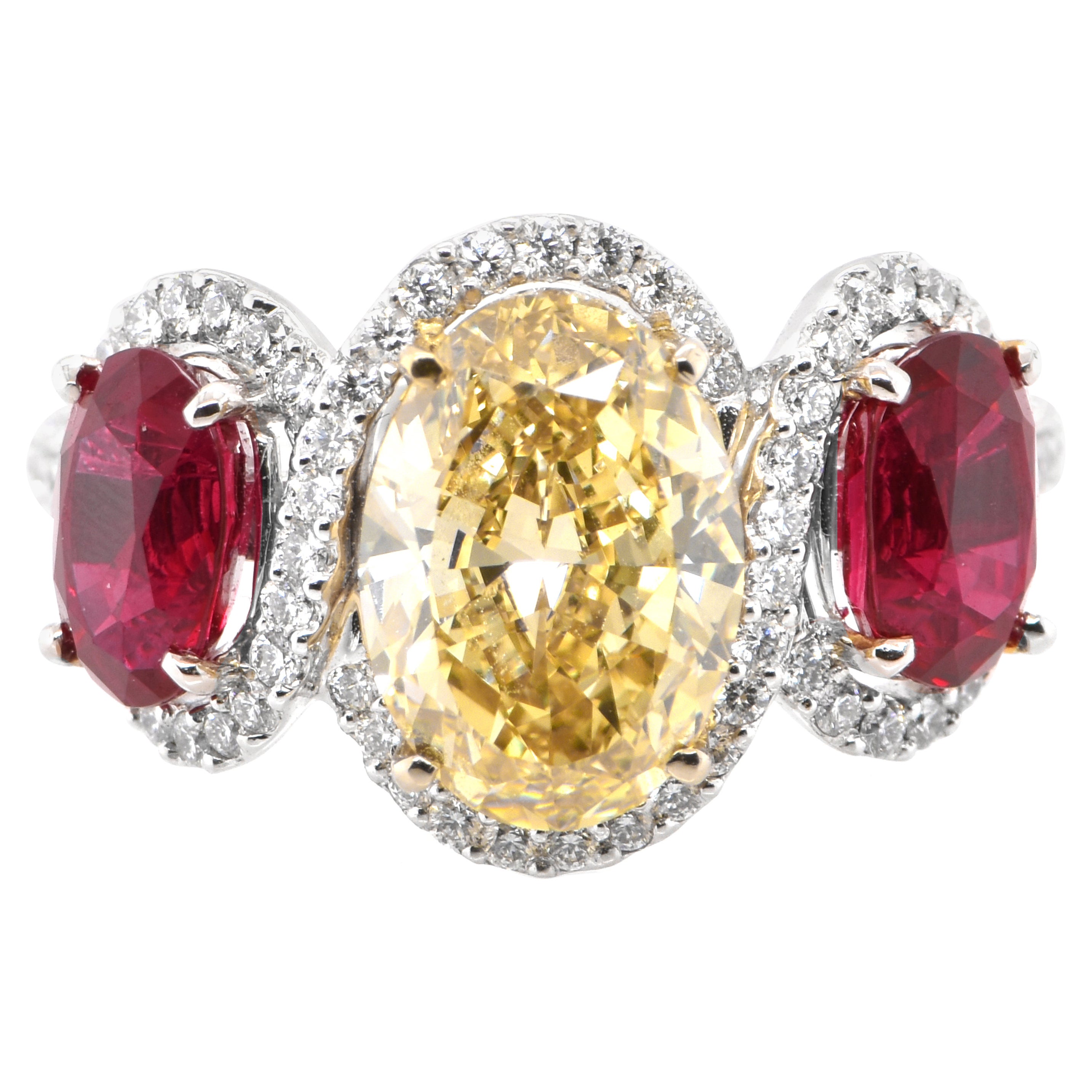 2.41 Carat Natural Fancy Brownish Yellow Diamond and Ruby Ring Set in Platinum