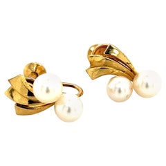 Retro Mikimoto Estate Akoya Pearl Earrings 14k Gold 5.7 mm 4.5 Grams