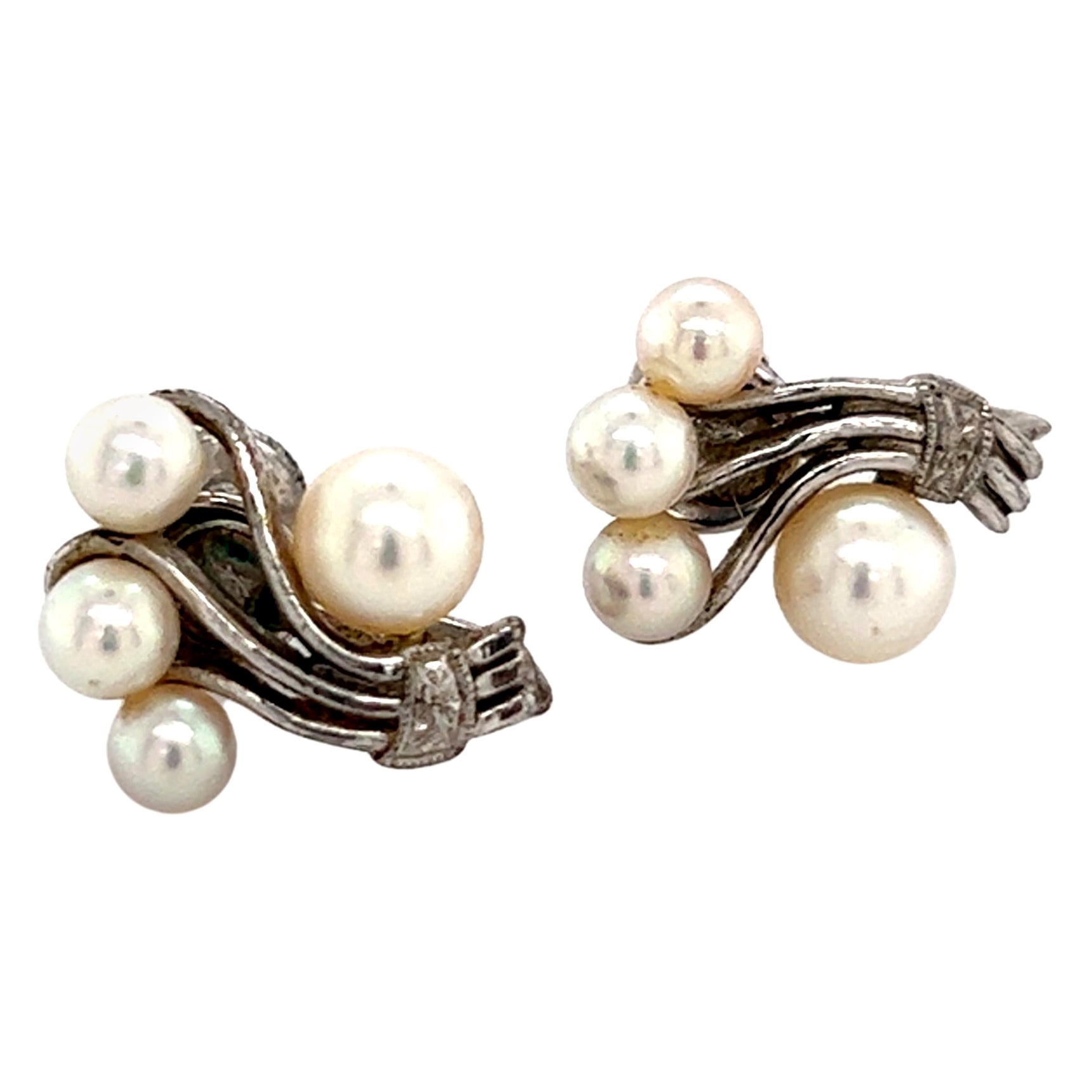 Mikimoto Estate Akoya Pearl Earrings Sterling Silver 5.75 mm 4.5 Grams