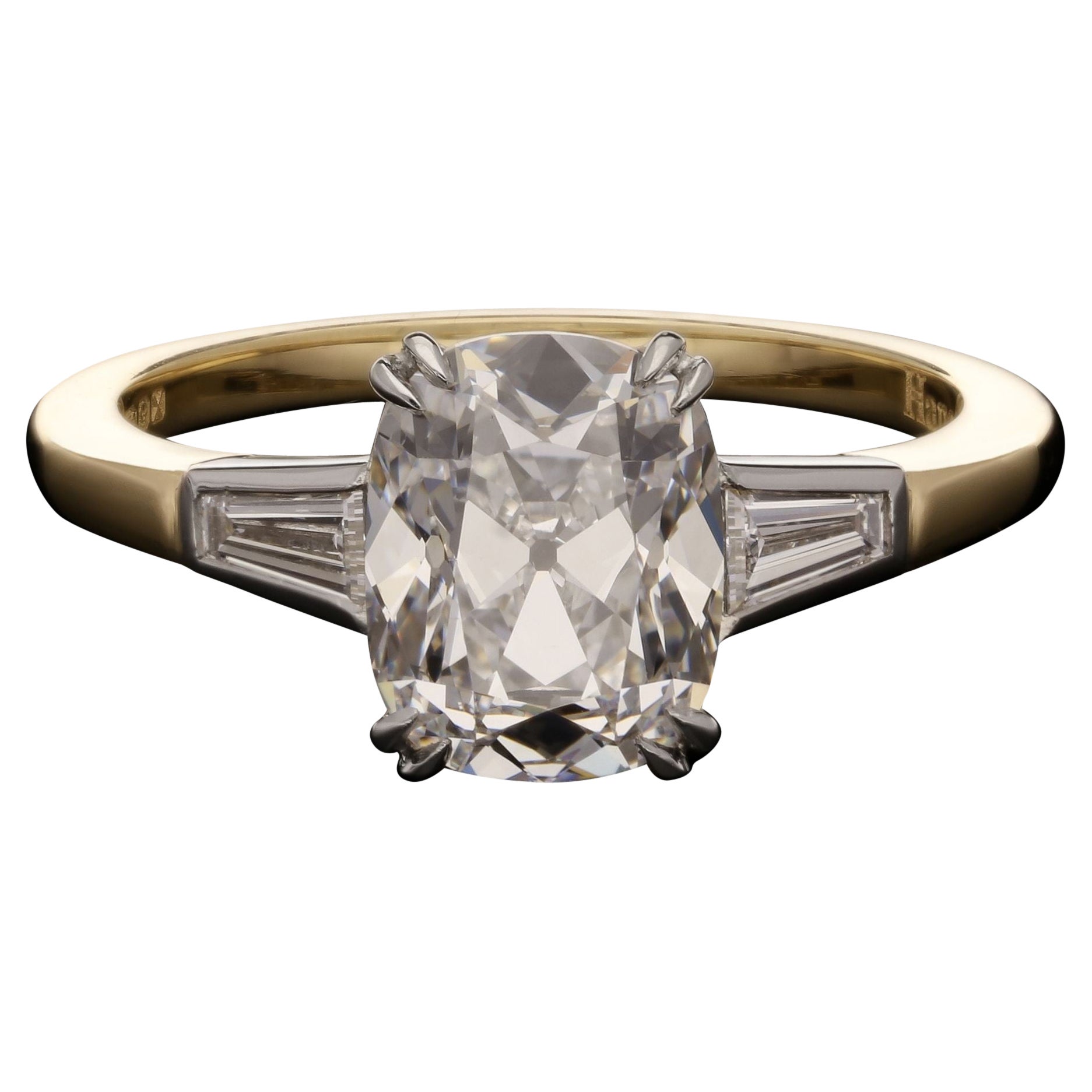 Hancocks 2.01ct Old Mine Cushion Cut Diamond Ring Tapered Baguette