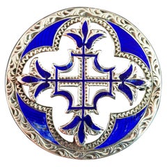Antique Scottish Silver Celtic Cross Brooch, Sterling Silver and Blue Enamel