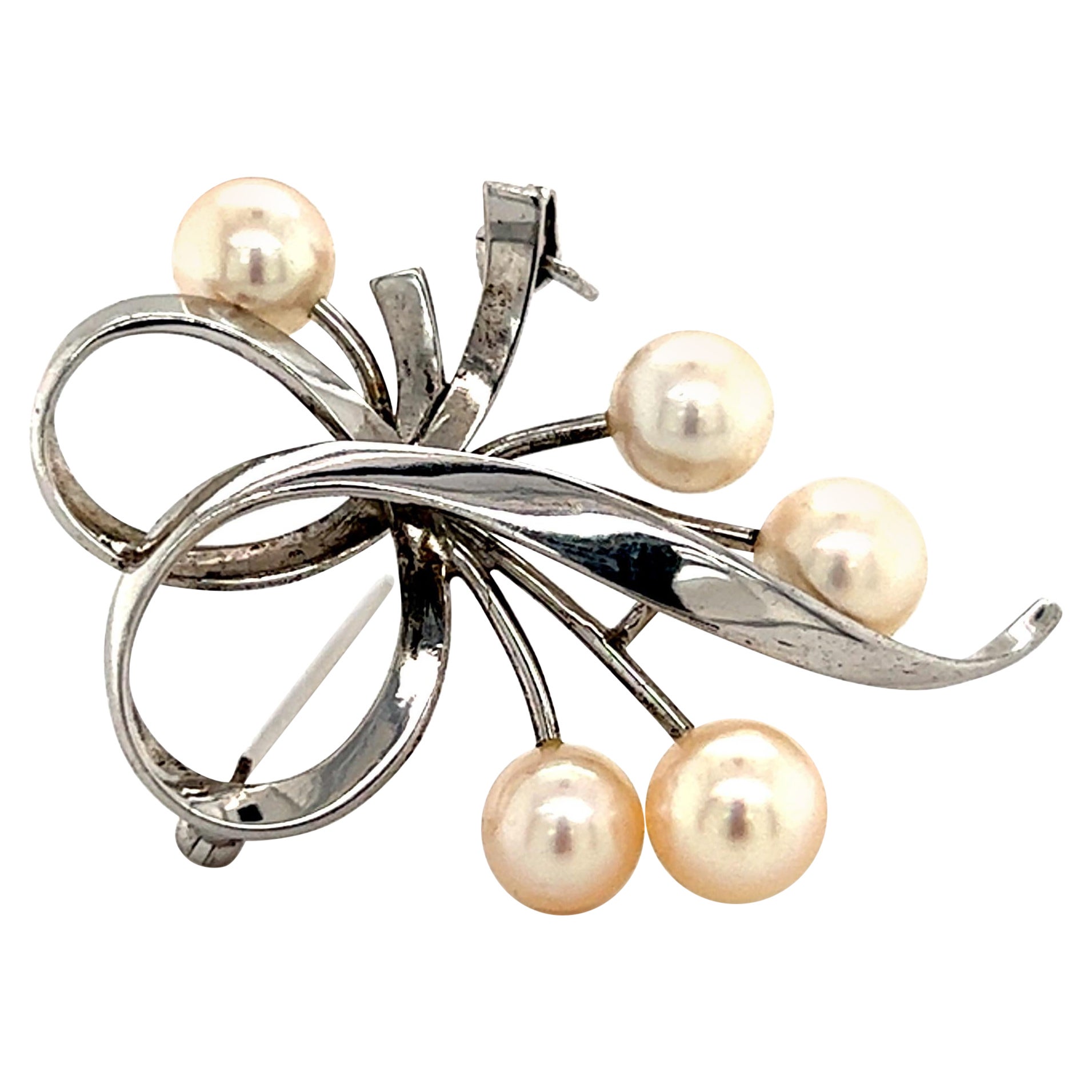 Mikimoto Estate Akoya Pearl Brooch Sterling Silver 6.6 mm 5.2 Grams For Sale