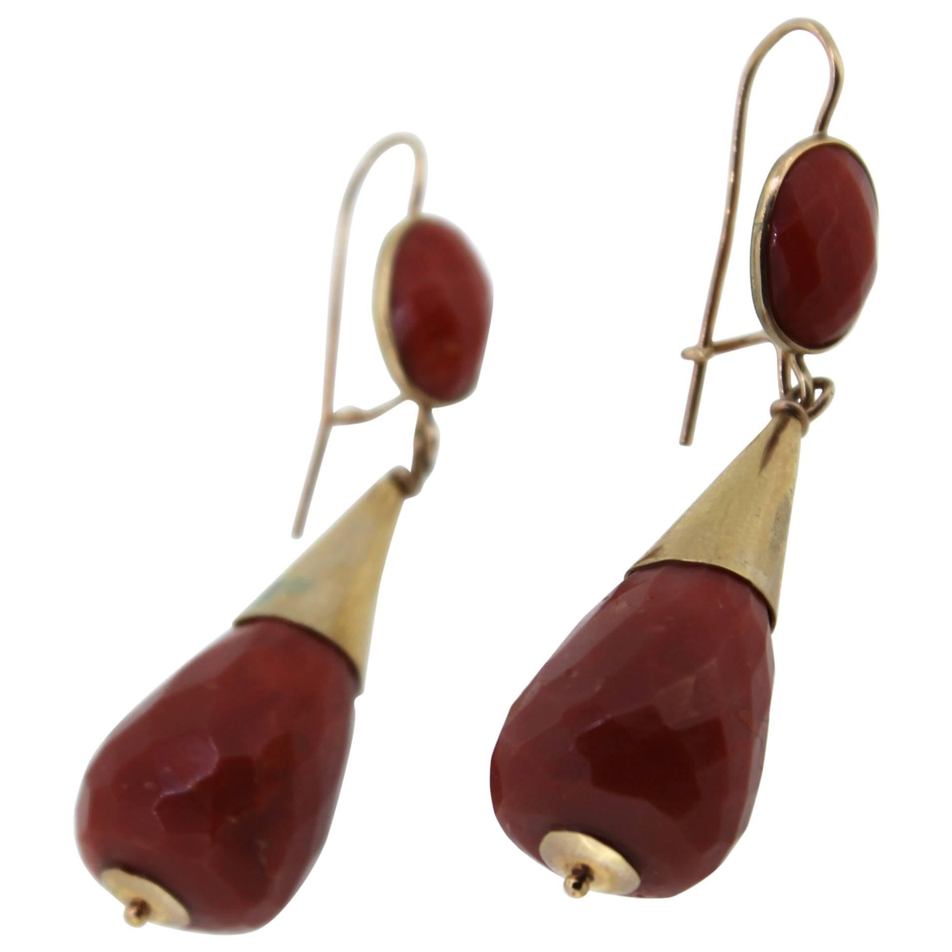 Tempi D'Oro Red Natural Coral Gold Drop Earrings For Sale
