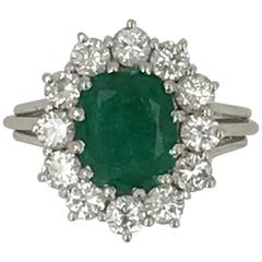 2.50 Carat Oval Cut Emerald Diamond Gold Cluster Ring
