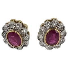 Ruby Diamond Two Color Gold Oval Cluster Earrings