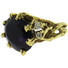 1970s Naturalistic Amethyst Diamond Gold Ring