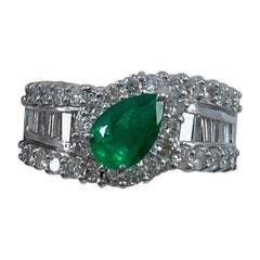 2.10 Carat Vivid Green Pear Cut Emerald & Diamond Platinum Cluster Ring