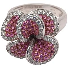 Pink Sapphire Diamond Gold Flower Motif Ring