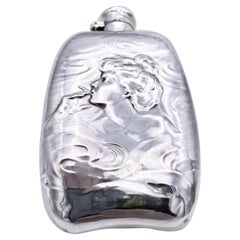 Antique Sterling Silver Flask with Smoking Woman