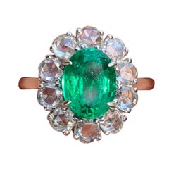 Certified 3.12 Carat Oval Emerald and Rose-Cut Diamond Engagement Ring