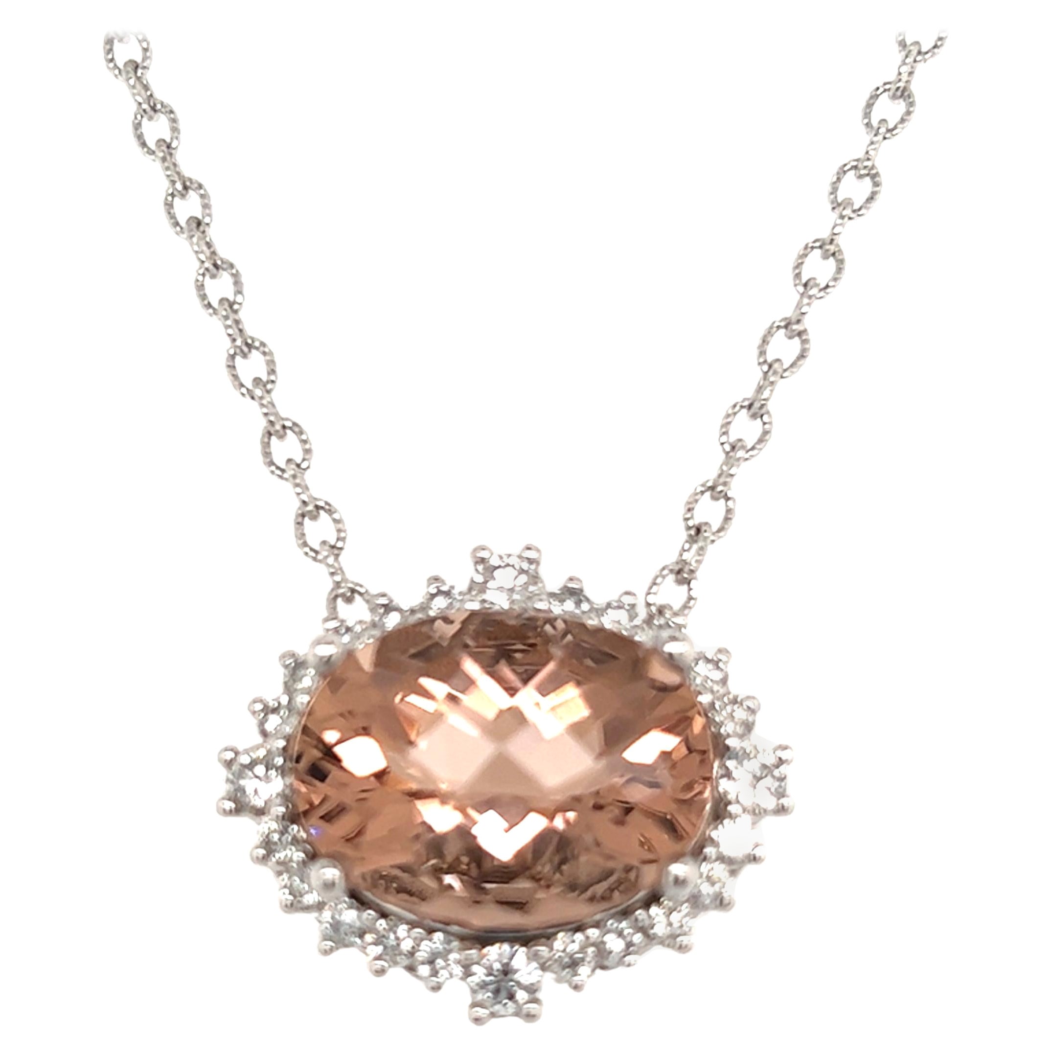 Natural Morganite Diamond Necklace 14k Gold 10.67 TCW Certified For Sale