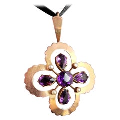 Antique Art Nouveau Amethyst and Pearl Pendant, 9k Gold, Quatrefoil Floral