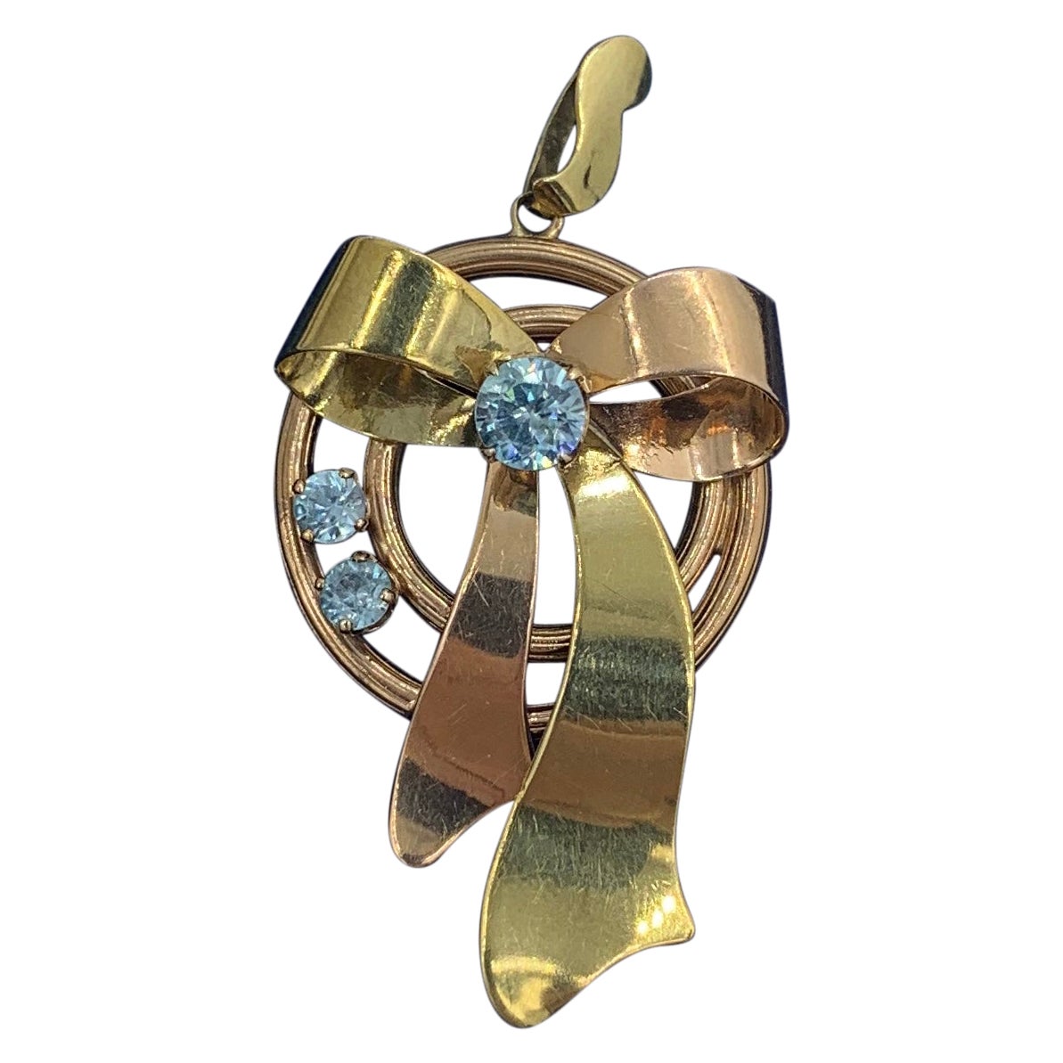 Retro Zircon Ribbon Bow Pendant Necklace Rose Gold Mid-Century Modern For Sale