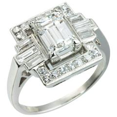 Art Deco 1.37 Carat Emerald Cut Diamond Platinum Ring
