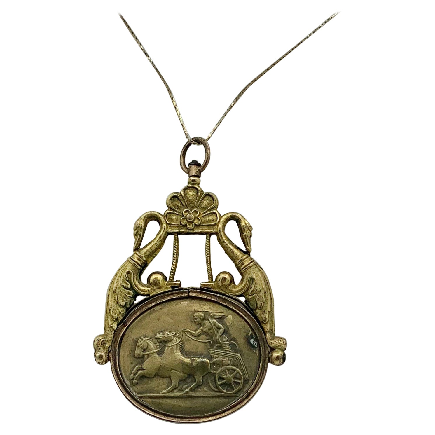 Cherub Angel Riding Chariot Swan Bird Pendant Necklace Neoclassical Antique For Sale