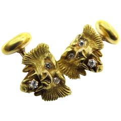 Vintage Amazingly Detailed Victorian Diamond Gold Lion Cufflinks 