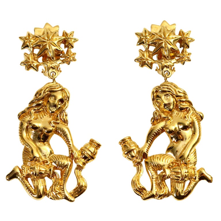 Vintage Isabel Canovas Gold Dangling Girl or Mythical Creature Earrings For Sale