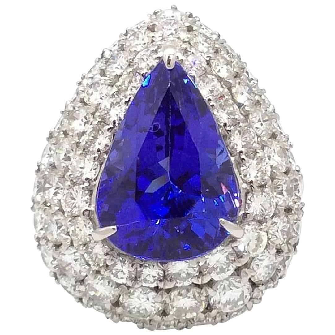 Pear Shaped Tanzanite Tiered Diamond Platinum Ring For Sale