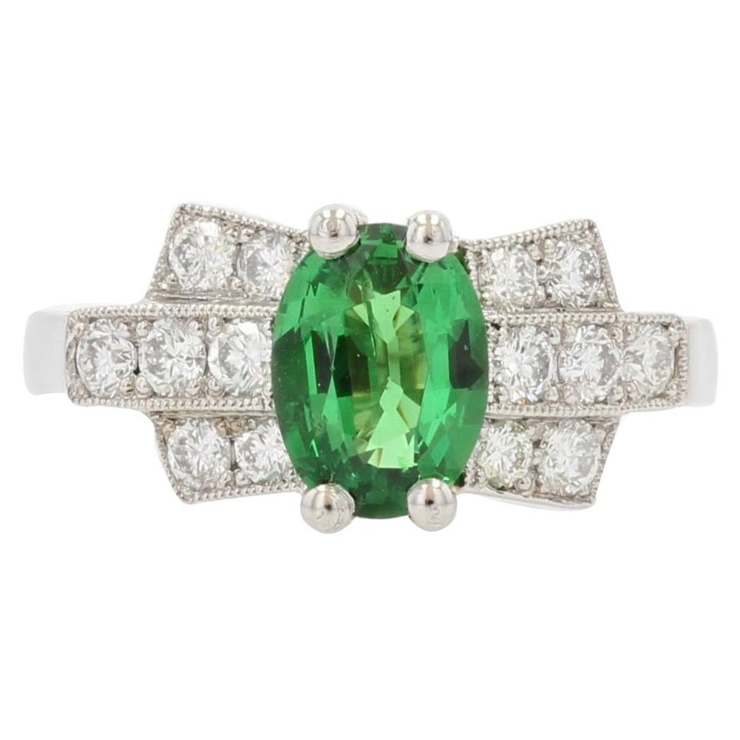French Modern Art Deco Style Tsavorite Garnet Diamonds Platinum Ring For Sale