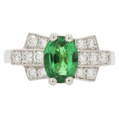 French Modern Art Deco Style Tsavorite Garnet Diamonds Platinum Ring