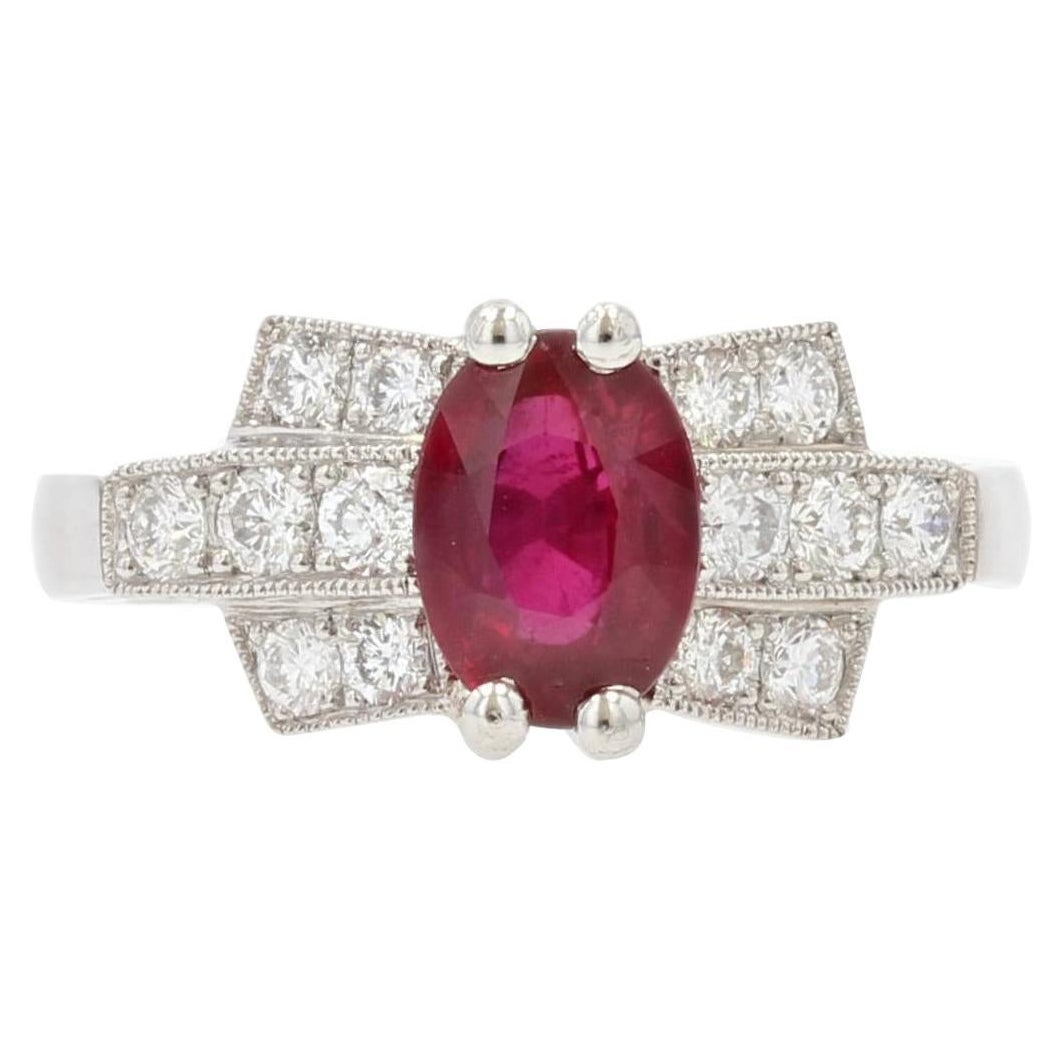 French Modern Art Deco Style Ruby Diamonds Platinum Ring For Sale