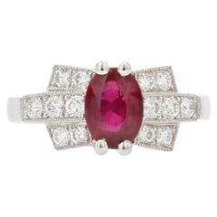 French Modern Art Deco Style Ruby Diamonds Platinum Ring
