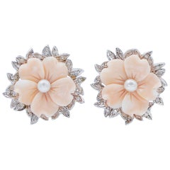 Pink Coral, Diamonds, Pearls, 14 Karat White Gold Retrò Earrings.