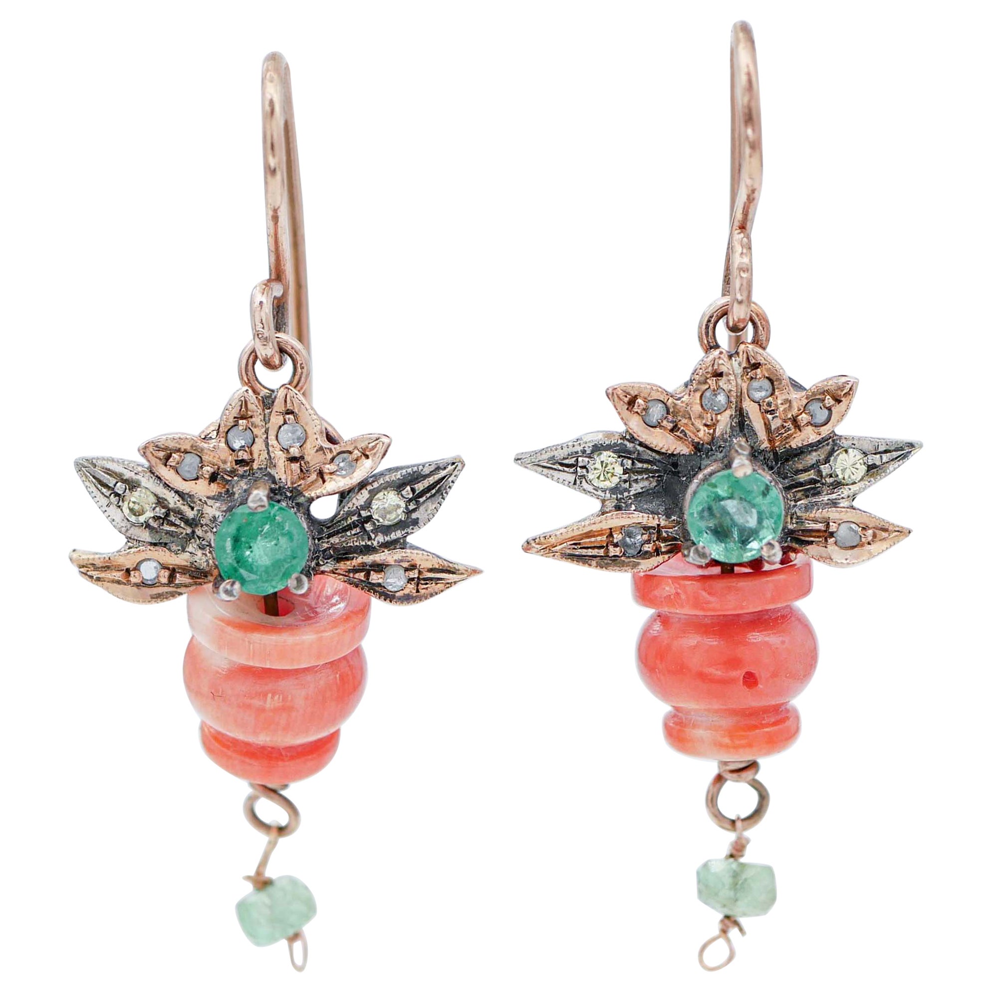 Coral, Emeralds, Diamonds, Rose Gold and Silver Basket Earrings. For Sale