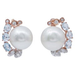 White Pearls, Aquamarine, Diamonds, 14 Karat Rose and White Gold Earrings