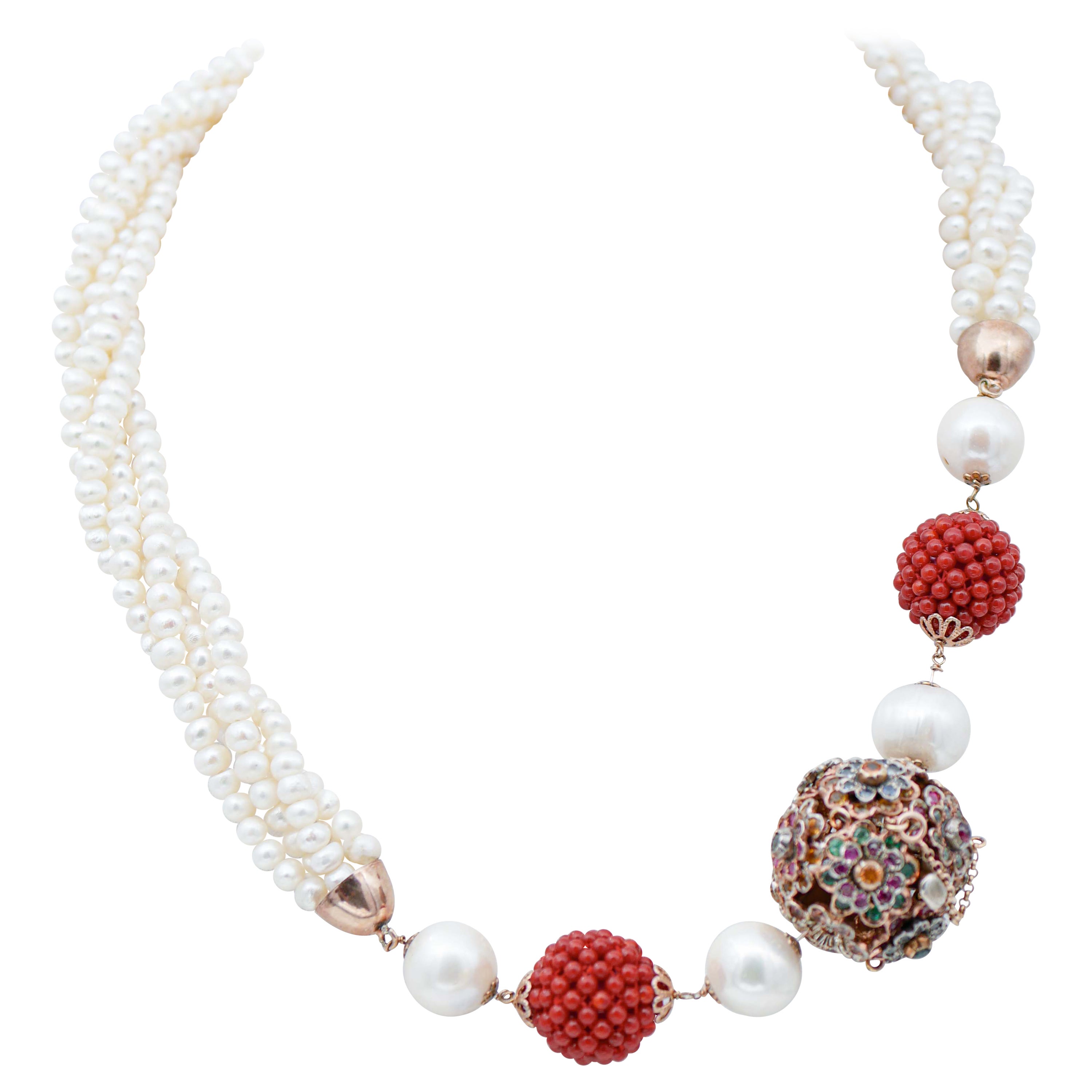 Stones,Pearls,Emeralds,Rubies,Sapphires,Rose Gold and Silver Torchon Necklace.
