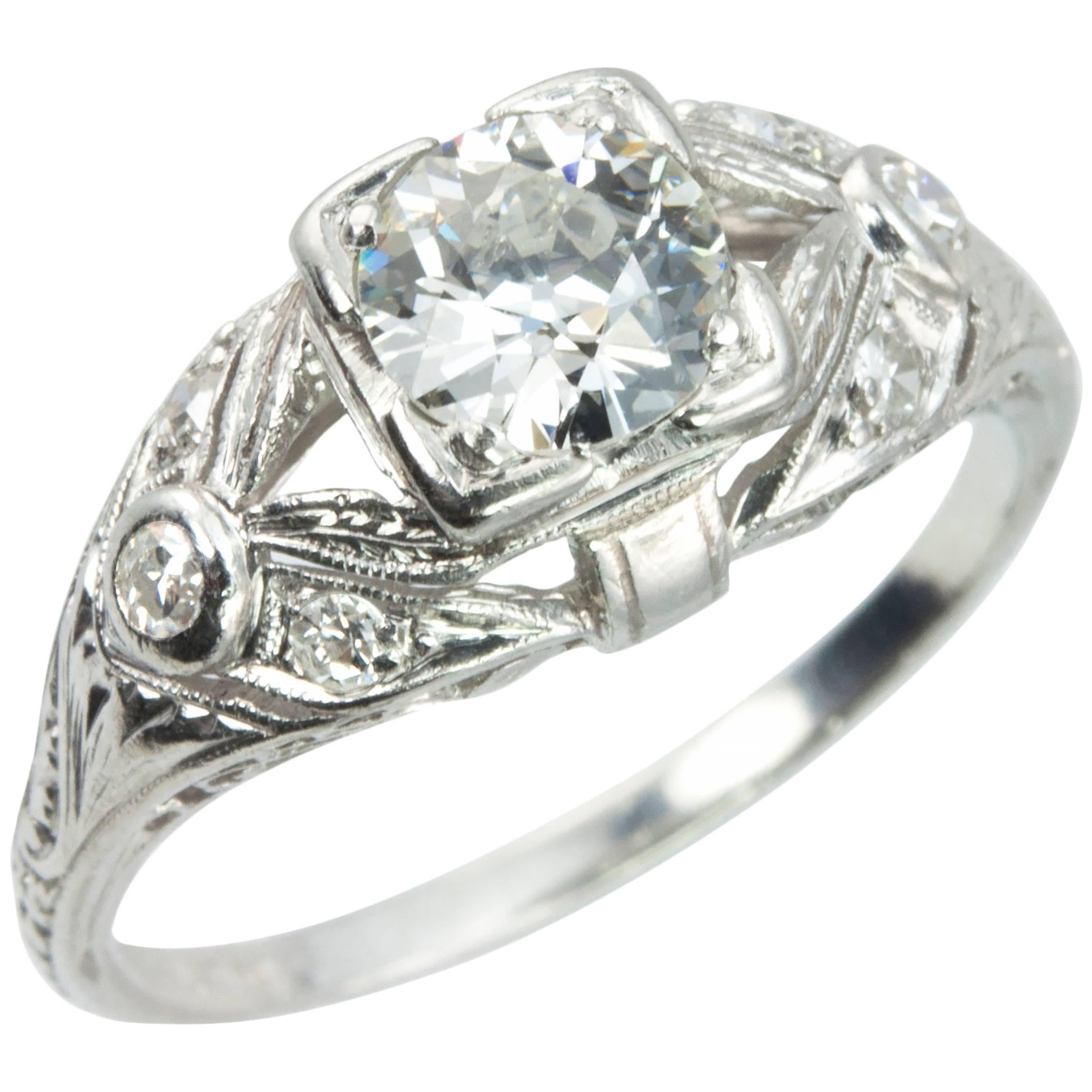 Art Deco 0.64 Carat Old European Cut Diamond Platinum Ring For Sale