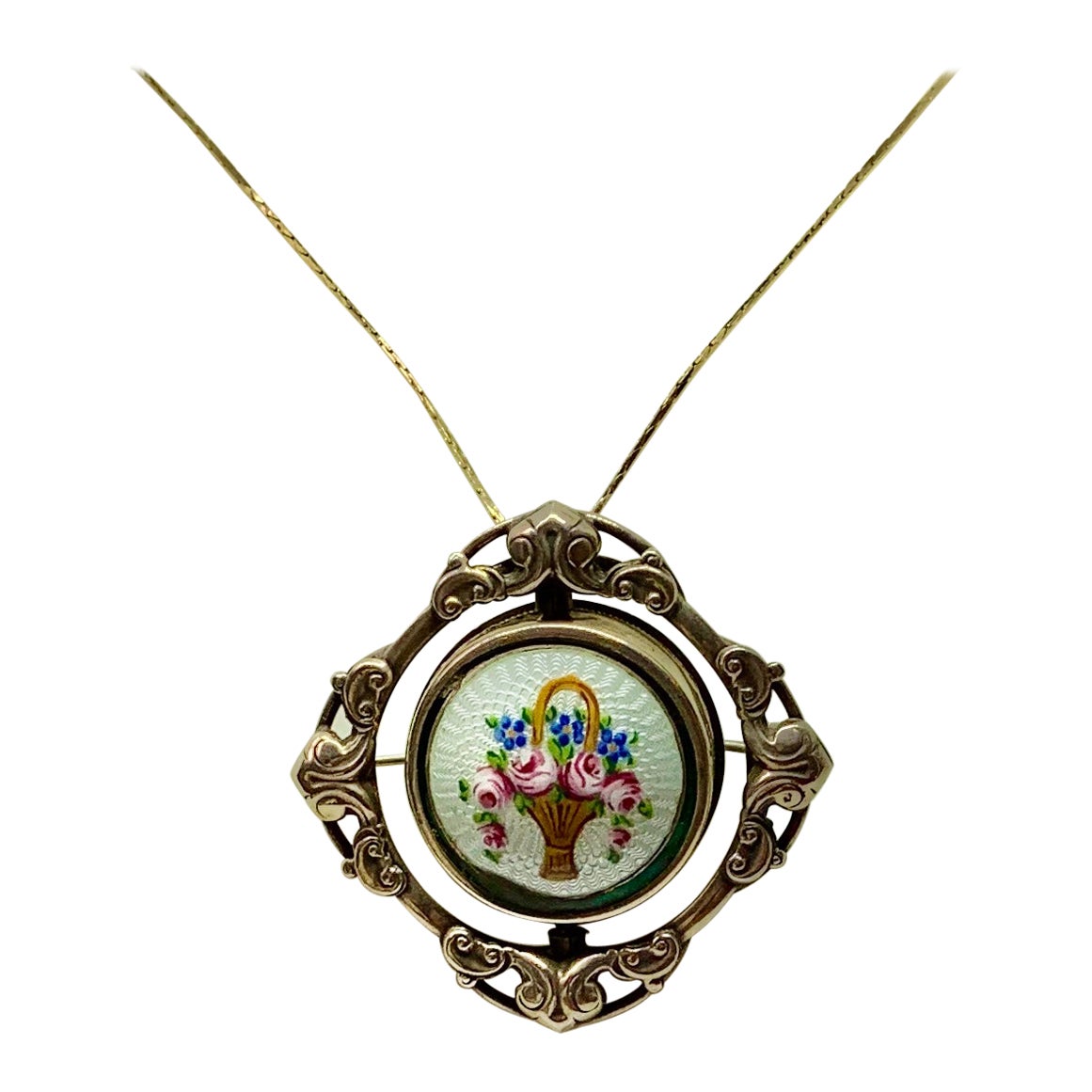 Art Deco Locket Guilloche Enamel Flower Basket Pendant Brooch Sterling Silver For Sale