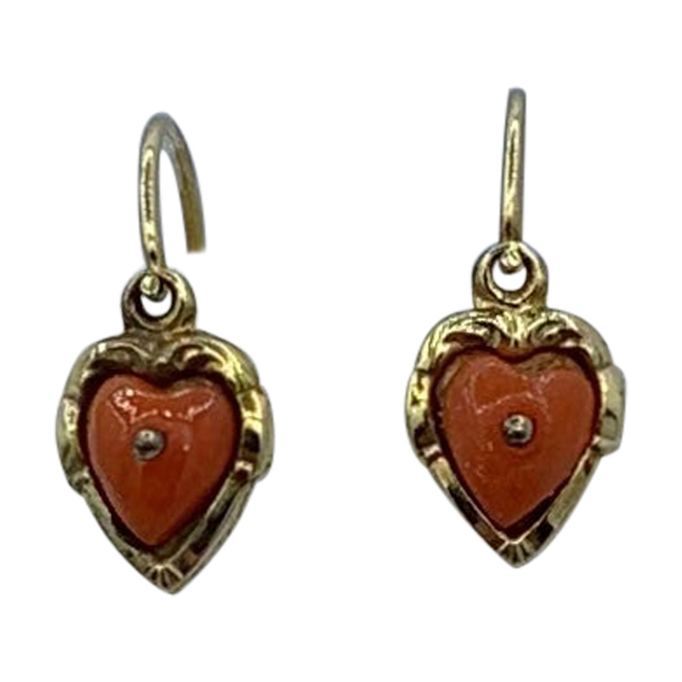 Victorian Coral Heart Earrings Dangle Drop Earrings Antique Gold