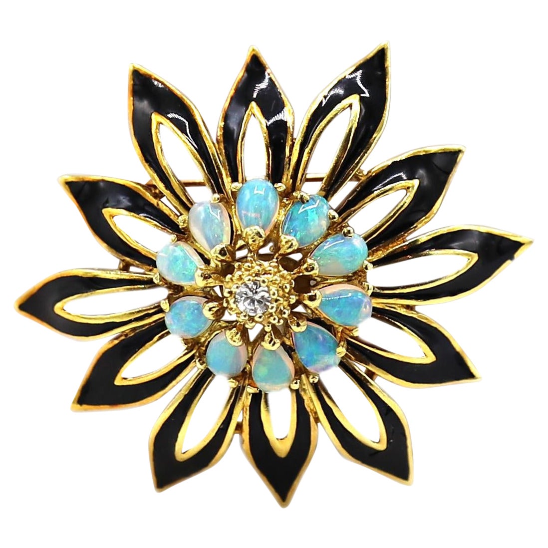 La Triomphe Yellow Gold Black Enamel Natural Diamond & Opal Flower Pin Brooch 