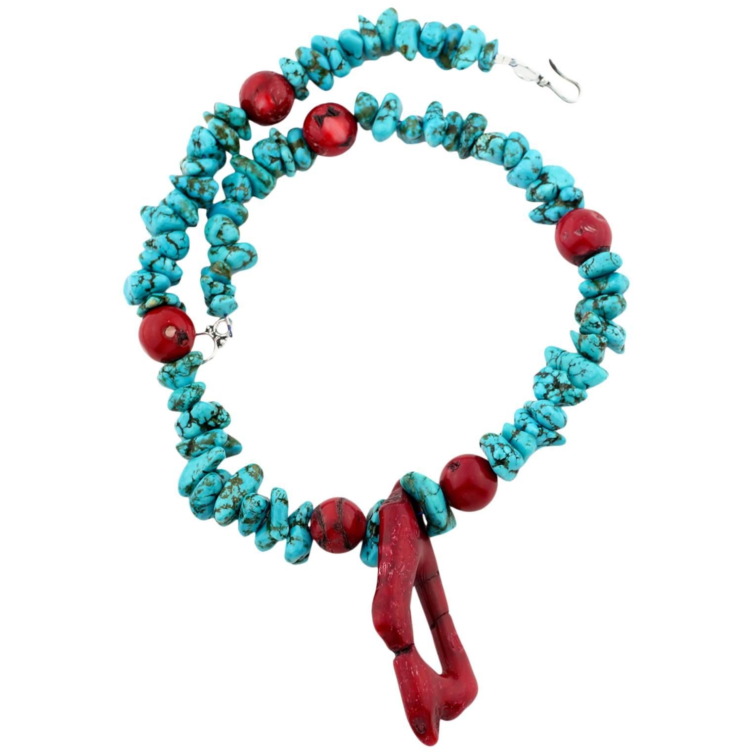 Drop Necklace Style of Faux Turquoise and Bamboo Coral Necklace