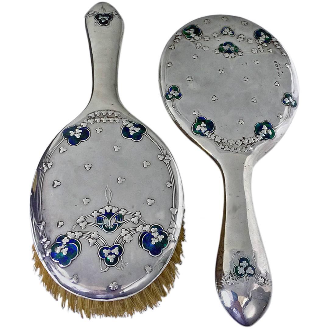 1906 Liberty Enamel Silver Mirror and Brush designed by Jessie M. King